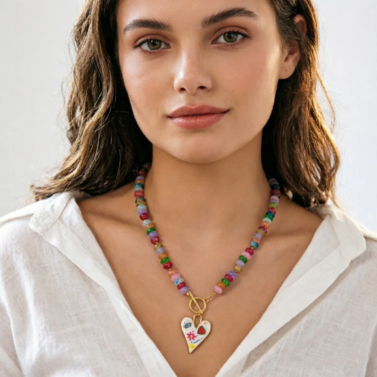 Dopamin Bunte Glas-Flachperlen Graffiti-Blumen-Herz-Anhänger Halskette für Frauen Männer Y2K Vintage OT-Schnallen-Choker Schmuck – Detail 15