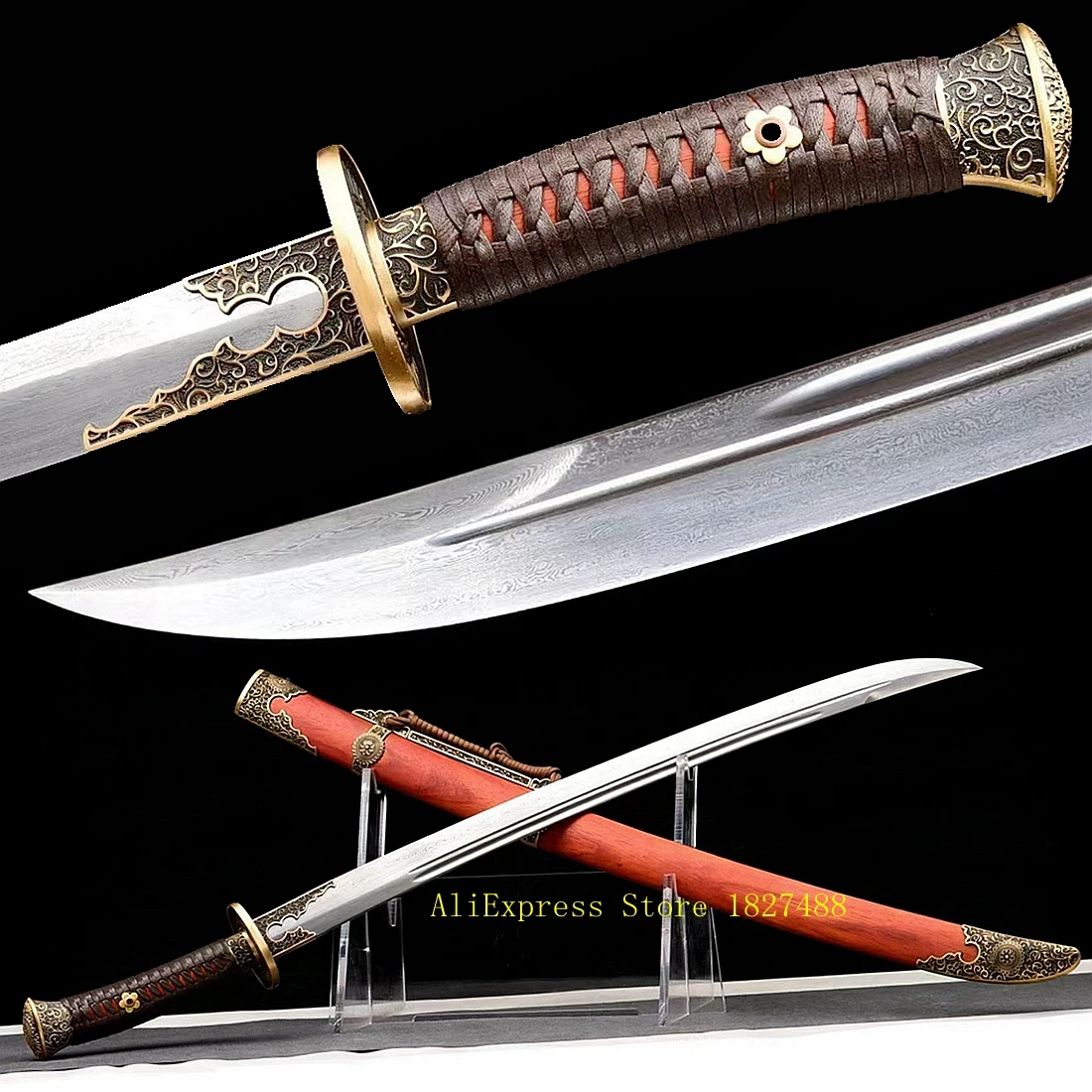 Tradition WuShu Broad Sword Chinese Qing Dynasty Dao Saber KungFu Fighting Knife Damascus Folded Steel/Brass Fittings/Red Wood