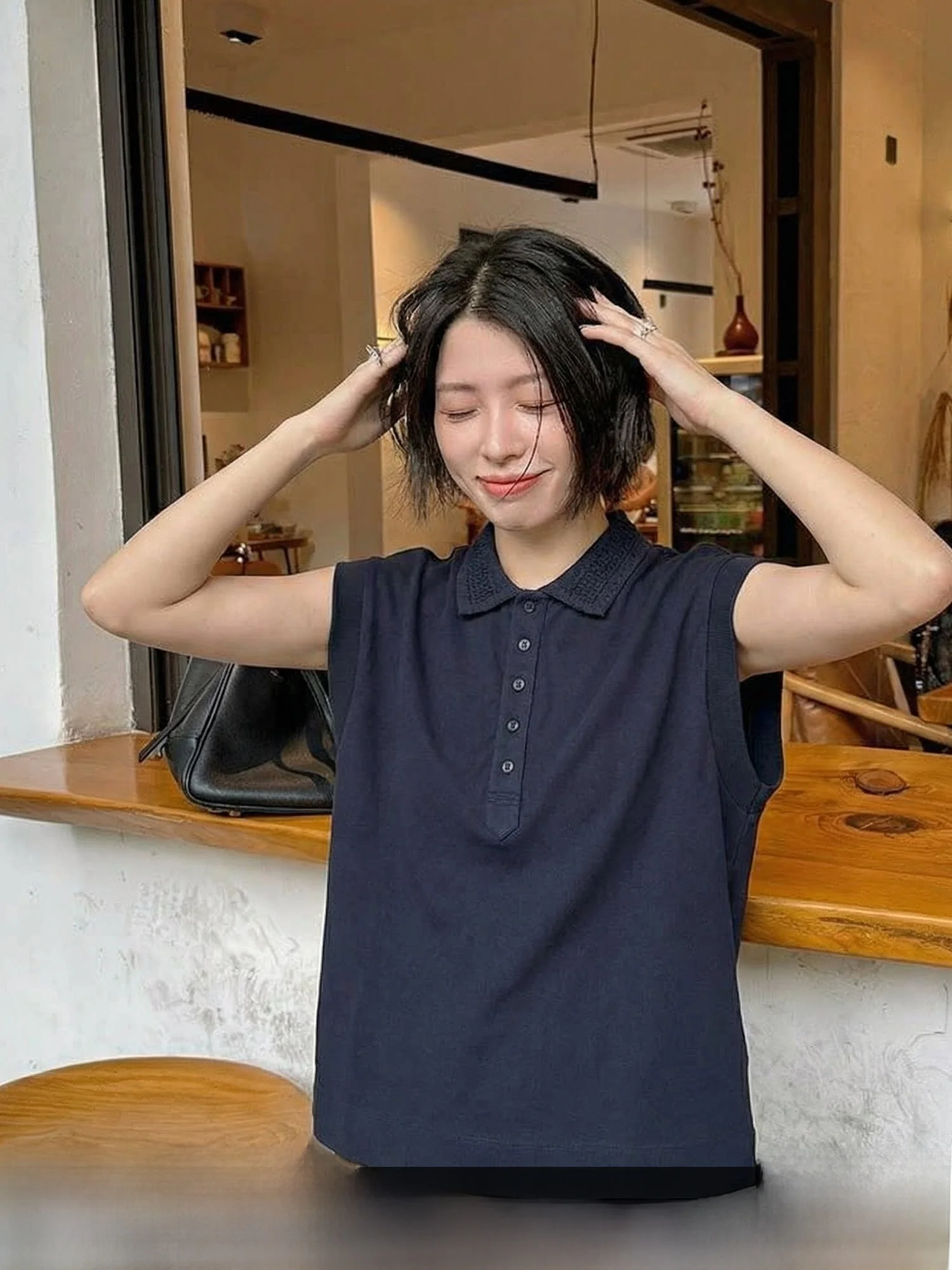 

Женская свободная футболка-поло Beibei из чистого хлопка темно-синего цвета с коротким рукавом, весенняя новинка