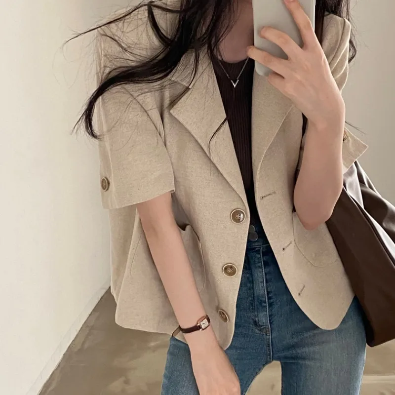 Korean Style 2025 New in Summer Office Lady Women's Short Sleeve Jacket Solid Color Outer Wears Women Clothing Fit Blazers