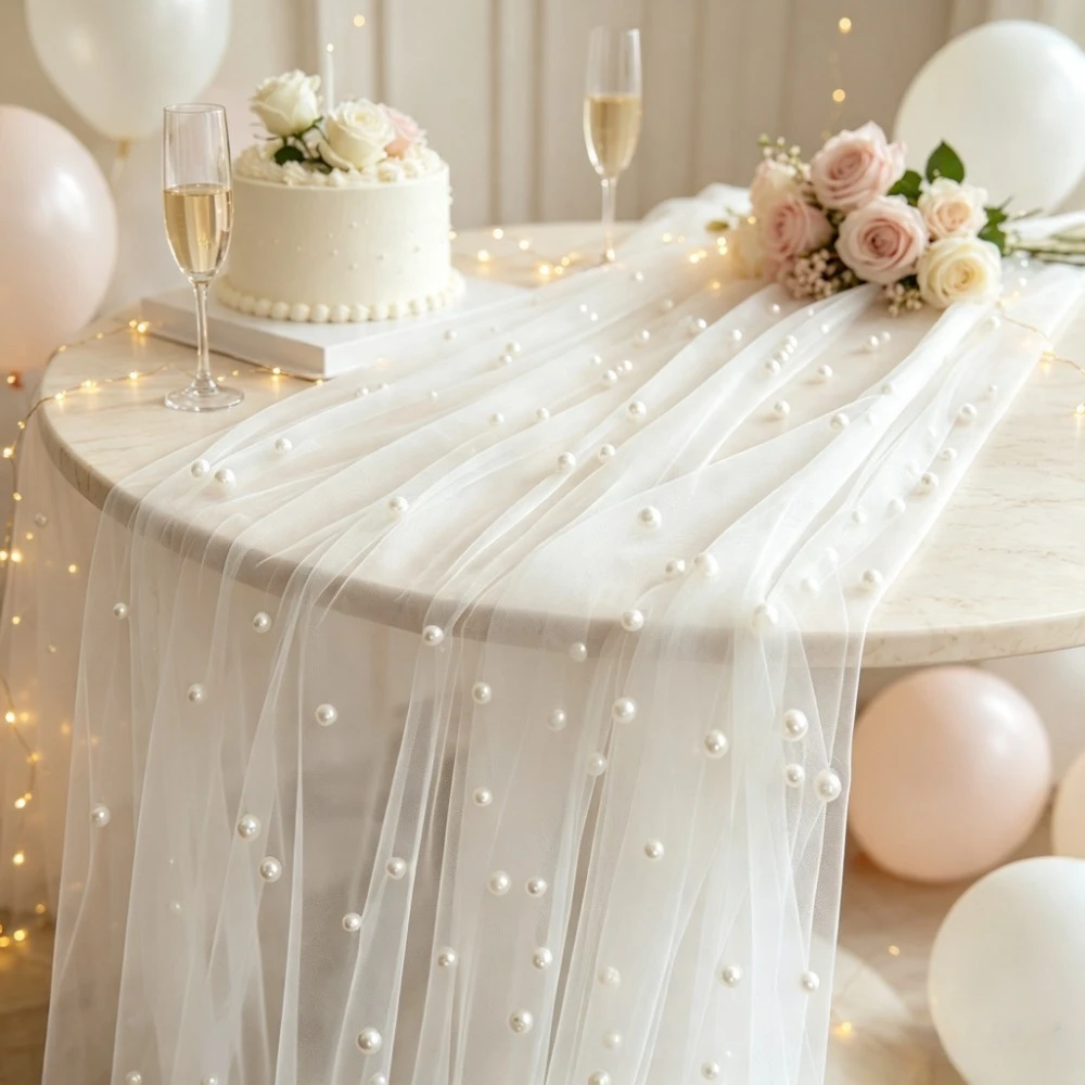 White Pearl Beaded Tulle Table Runner Romantic Sheer Mesh Table Runner Wedding Baby Shower Birthday Party Banquet Table Decor