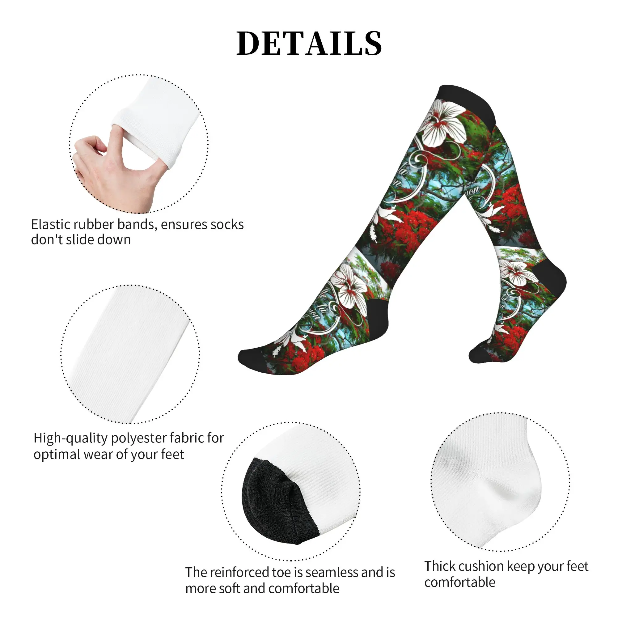 974 Reunion Island Men Women Sports Compression Socks Unisex Funny 3D Printing Flamboyant And Hibiscus Dress Socks view 5