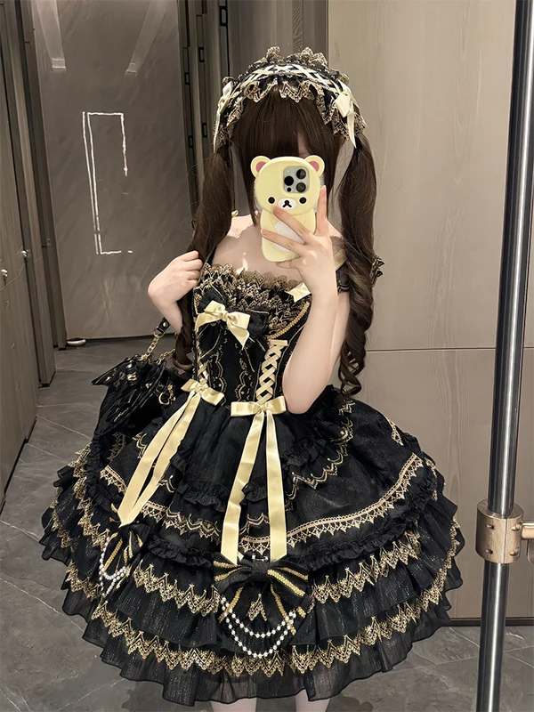 

Elegant Black Gold Lolita Dress Doll Sensation Sweet Style Daily Wear Lovely Elegant Hanfu Set for Women Summer 2025
