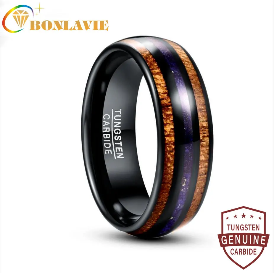 

BONLAVIE New 8mm Acacia Wood Lapis Lazuli Electric Black Men's Tungsten Steel Ring Wedding Jewelry AAA Quality