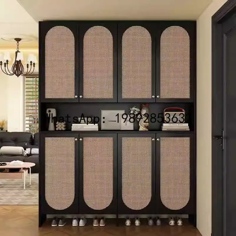 CZ Entryway Shoe Cabinet Retro Nanyang Style Rattan Breathable Partition Cabinet French Vintage Style Hallway Cabinet