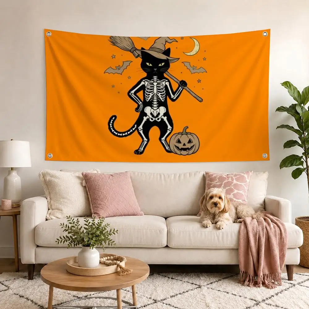 Halloween Vintage Black Cat Pumpkin Illustrations Flag Outdoor Decor Flaga Decorative Home Objects Barber Shop Decoration Garage