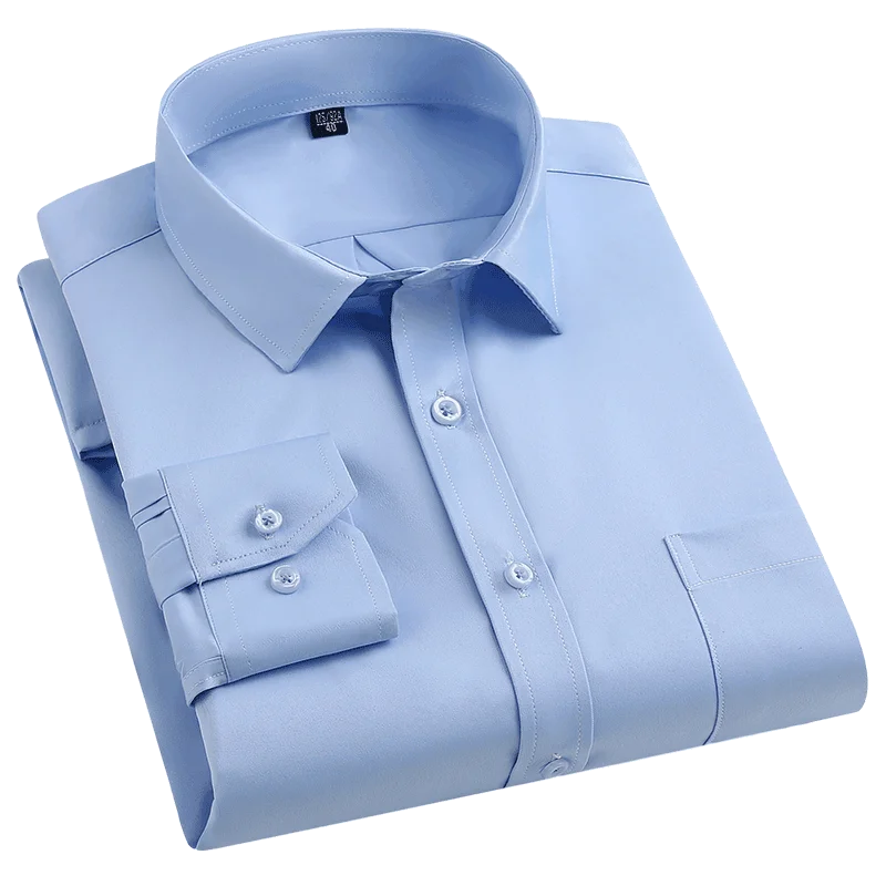 2025 New in Elastic Long-sleeve Shirts for Men Slim Fit Formal Plain Shirt Solid Color Single Pocket Office White Red Plus Size