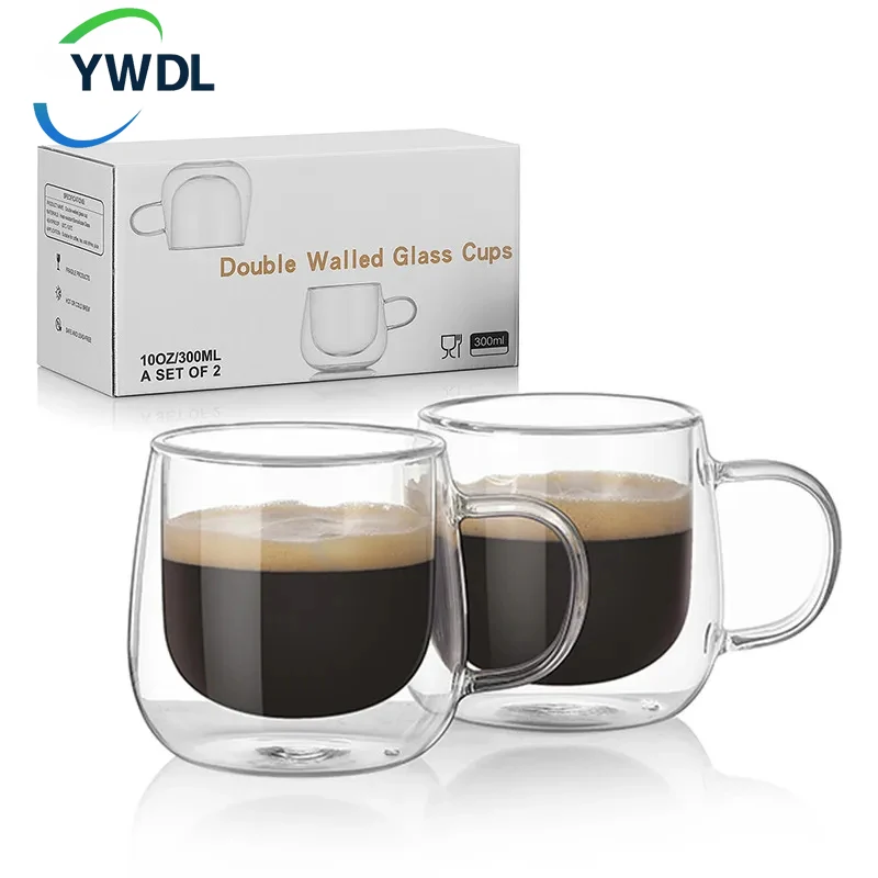 

YWDL 300ml Gift Box Double Wall Glass Coffee Cups Set Espresso Clear Insulated Teacup Handle Mug For Latte Cappuccino Water