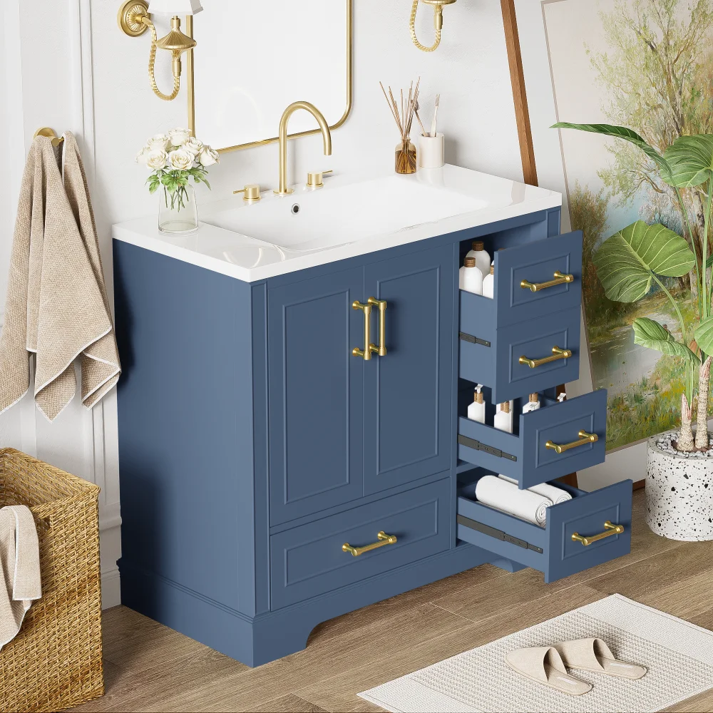 36 Inch Traditional Bathroom Vanity with Resin Sink Combo Set, Blue Bathroom Cabinet with Two Doors and Four Drawers