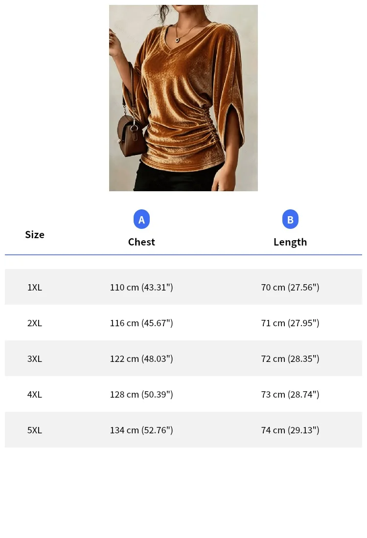 Plus Size Damen Samt-Oberteil mit V-Ausschnitt, 3/4-Ärmeln, elastischen Seitenpartien und Raffungen, einfarbige lässige Bluse – Detail 3