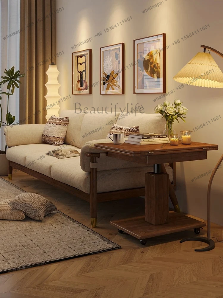 solid wood tea table multi-functional side table sofa corner dual-purpose lifting table folding mobile home