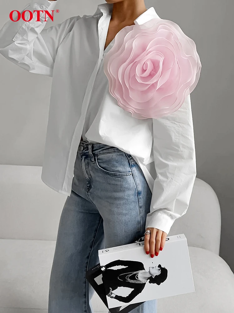 OOTN Elegant Pink Flowers White Shirts Blouses Women 2024 Summer Office Lady Long Sleeve Shirts Chic Loose Blouses Tops Female