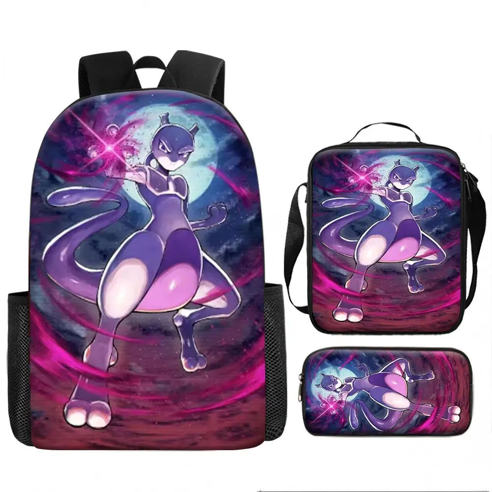 Kids Bag Pokémon Mewtwo 3pcs Backpack Set Anime Print Breathable Shoulder Bag Lunch Box Pencil Case for Boys Girls School