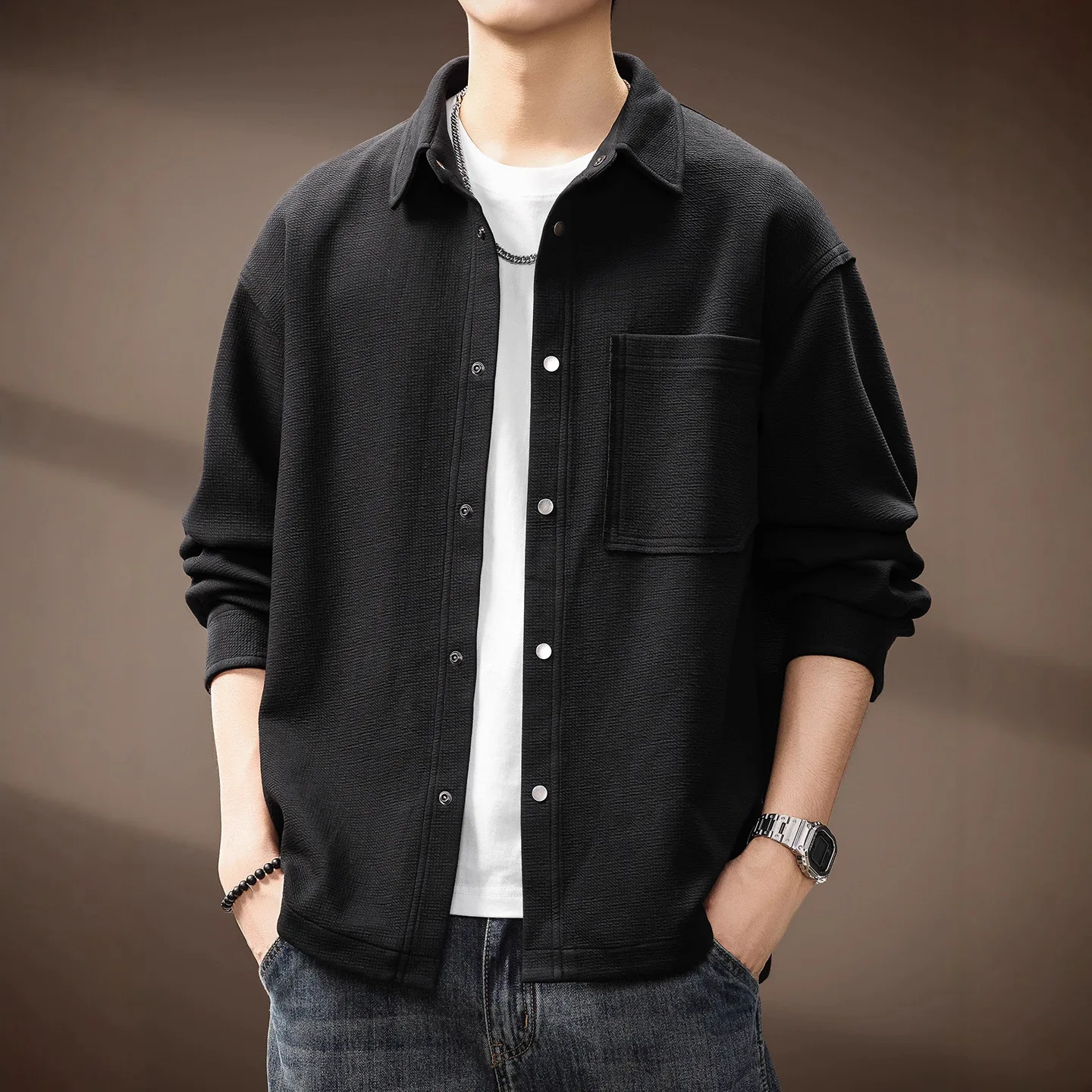 New Fashion American Style Men Solid Color Black Loose Turn-down Collar Long Sleeve Breasted Spliced Casual Shirt Cardigans Tops