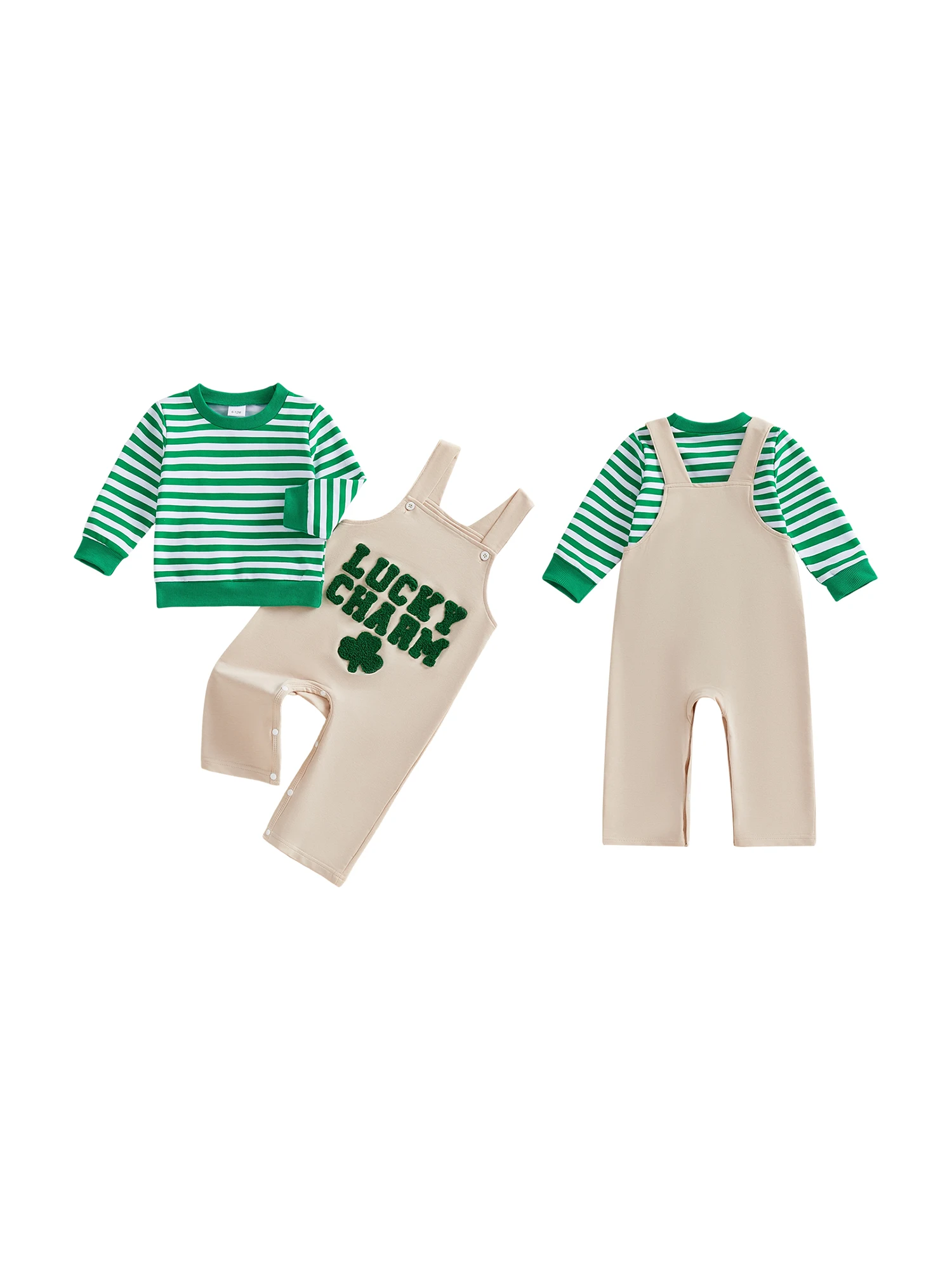 

Infant Boys 2-Piece Spring Clothing Set with Long Sleeve Shirt and Lucky Clover Embroidered Overalls - Toddler Fashion Ensemble