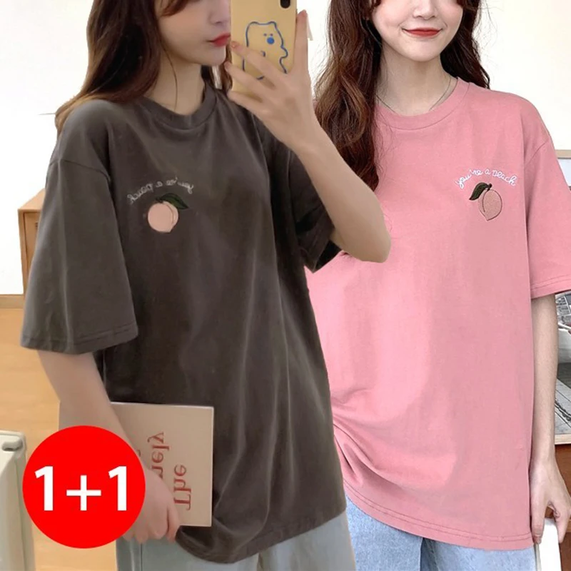 1 + 1 Women's Daily Half-sleeved Tis Summer-self-made Peach-over-fit-on-letering T-shirt TS1620