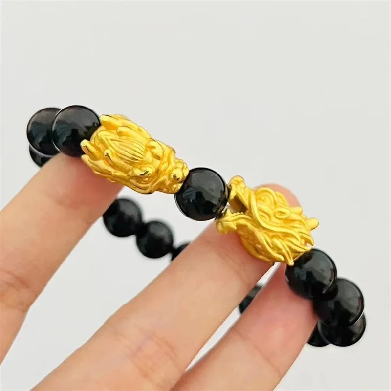 NovaGlod 24K Real Gold Jewelry Double Dragon Obsidian Bracelet Handle Beaded Zodiac Dragon Head AU 9999 Bracelet