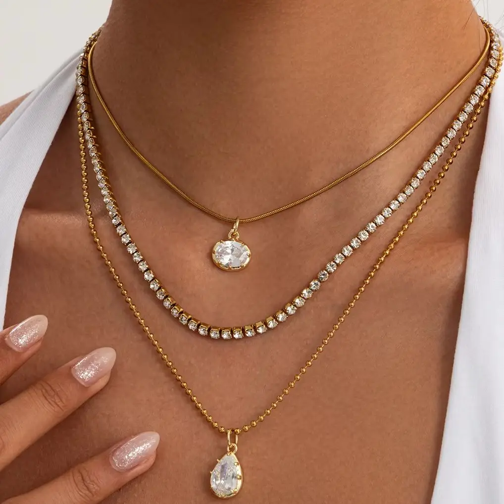 KunJoe 3Pcs/set Stainless Steel Water Drop Zircon Pendant Torques Necklace Women 18K Gold Plated Waterproof Charms Jewelry Gifts