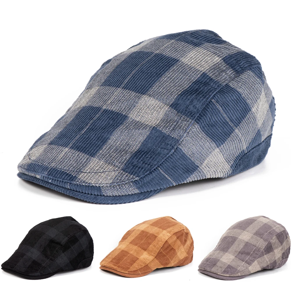 TOHUIYAN Corduroy Plaid Newsboy Hats for Men British Gentleman Flat Caps Spring Vintage Beret Hat Boinas Headwear Women's Cap