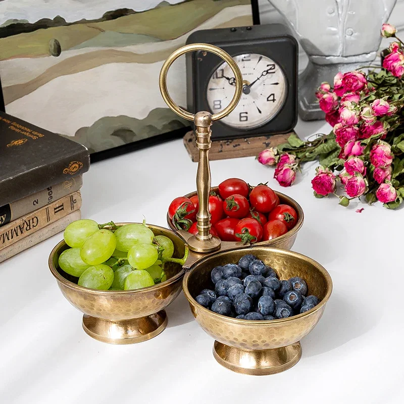 European Vintage Brass Snack Plate, Household Dried  Fruit Tray, Triple Candy Bowl, Mia Home Handheld Fruit Tray