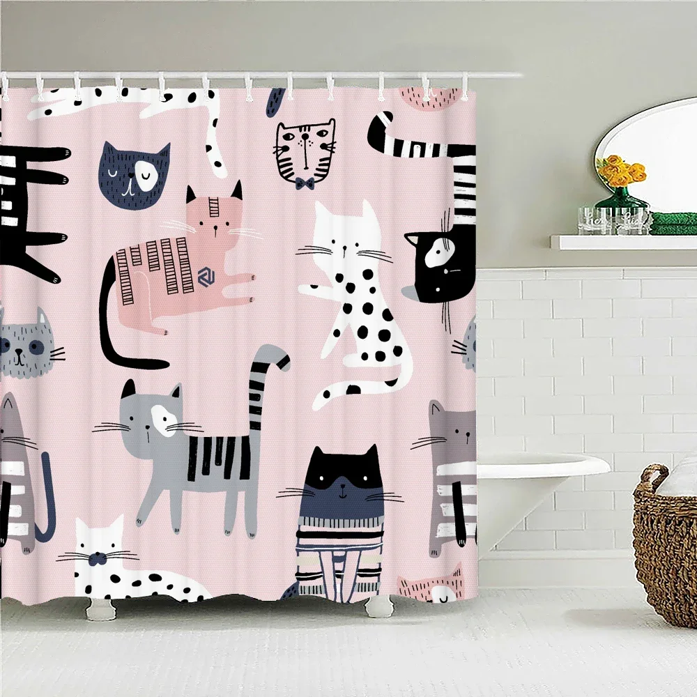 Cartoon Painted Cat Dog Shower Curtain Abstract Animal Bathroom Curtain Waterproof Polyester Fabric Shower Curtain With Hooks