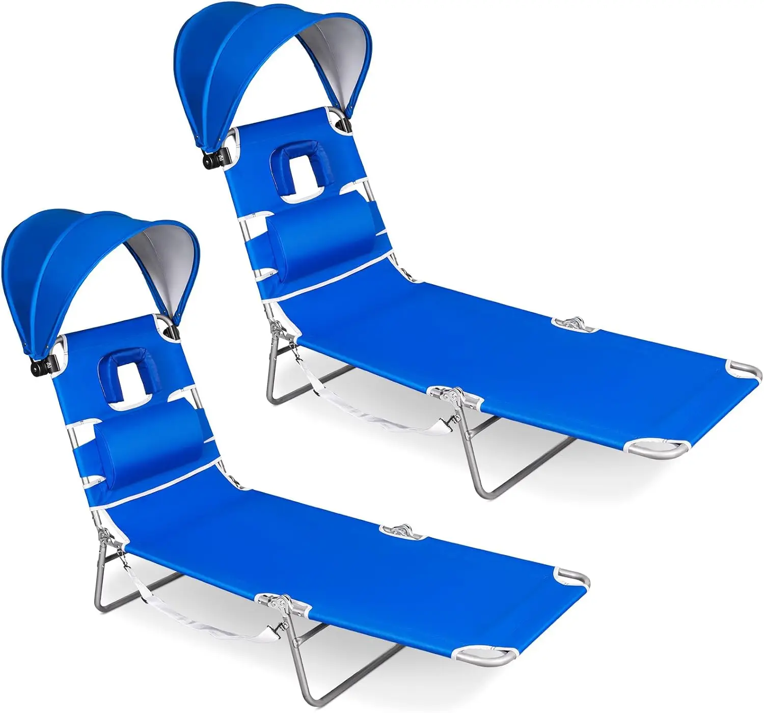 Set Of 2 Folding Tanning Beach Chairs With Face Hole And Canopy Shade, 5 Position Reclining Sun Lounger, Portable Face Down Lawn Chairs With Arm Holes And Side Pocket For Pool Patio, Royal Blue