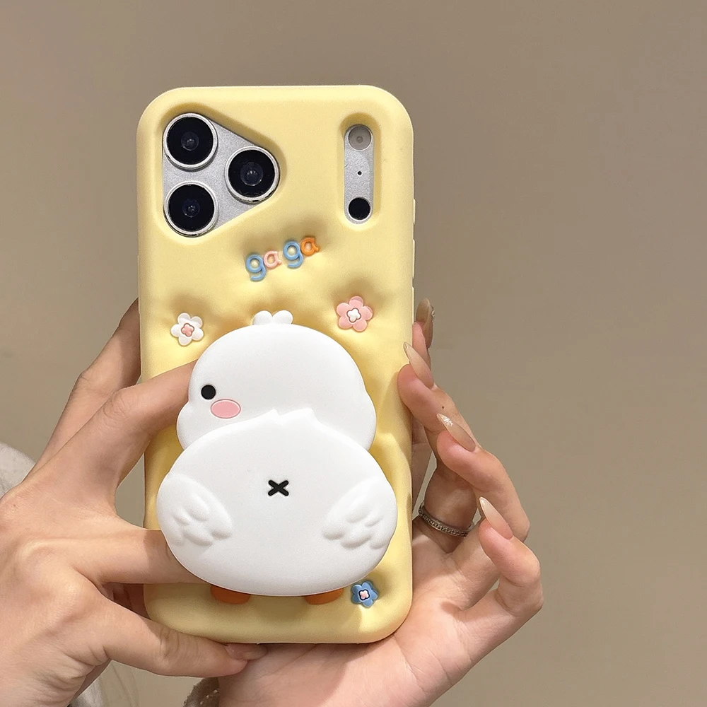 Niedliche 3D-Enten-Handyhülle mit Ständer für iPhone 17 16 15 14 13 12 Pro Max, stoßfeste weiche Silikonhülle mit Halterung – Detail 7