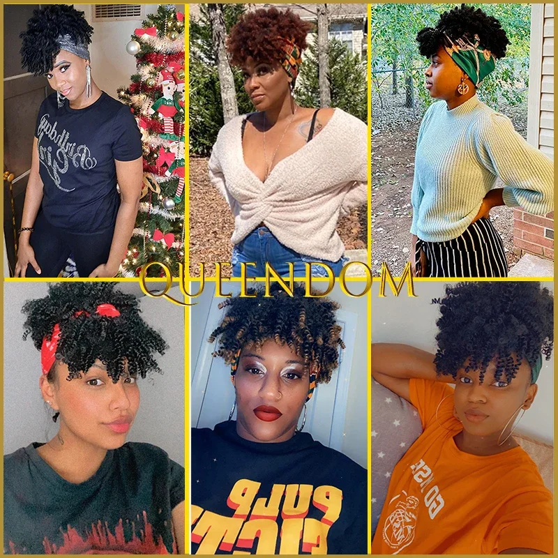 10'' Short Afro Kinky Curly Headband Wig Puff Deep Curly Head Wrap Wigs for Black Women Synthetic Natural Curls Turban Scarf Wig