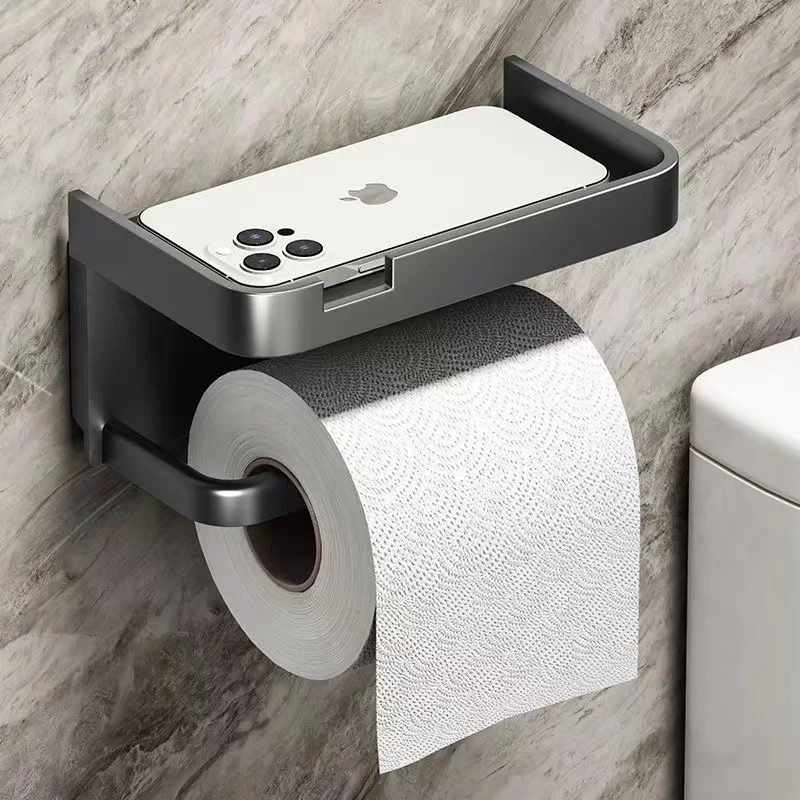 ABS Toilet Paper Holder Black No Drill Kitchen Storage Bathroom Accessories Self-Adhesive Wall Mounted Tissue Rack Mobile Shelf