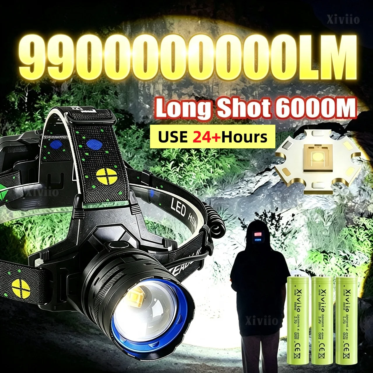 9900000000LM Headlight Long Shot 6000M Ultra Bright LED Headlamp USB Rechargeable Zoom Head Torch for Outdoor Fishing Hunting
