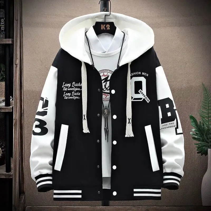 2026 New Men's Baseball Jacket Blue Black Zip-Up Hooded Jacket Autumn Korean Style Casual Outerwear Fashionable Men's Clothing