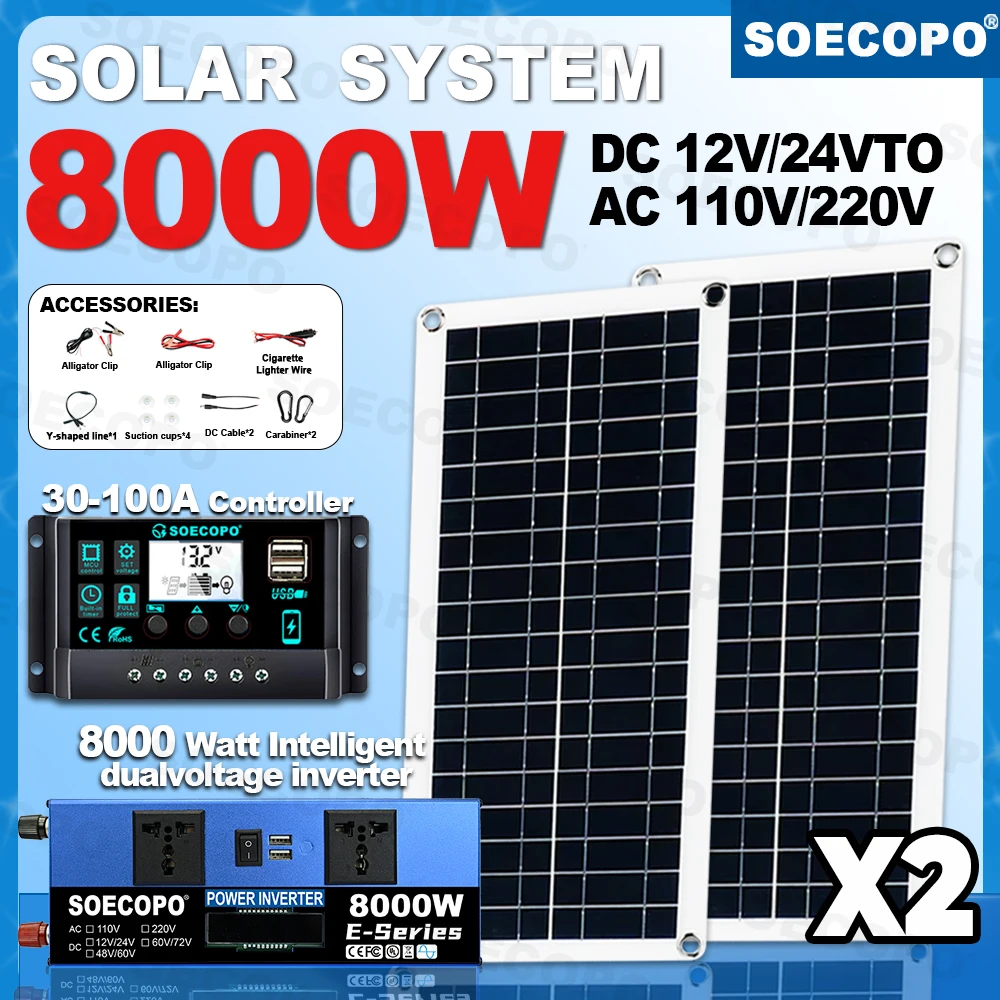 SOECOPO 8000 W komplettes Solarstrom-Kit für Zuhause, DC 12 V – AC 110 V/220 V Wechselrichter, netzunabhängiges Solarsystem, 100 A-Controller, USB 5 V