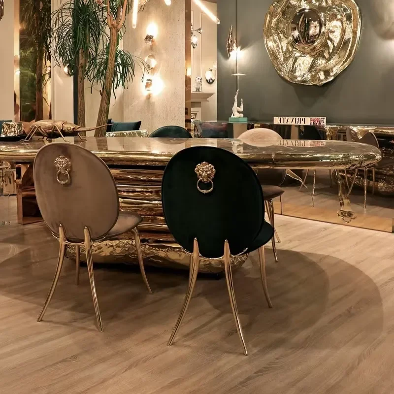 Modern Copper Stonehenge Dining Table Set 10 Chairs Marble Top Contemporary Design Metal Handmade Multi-Functional