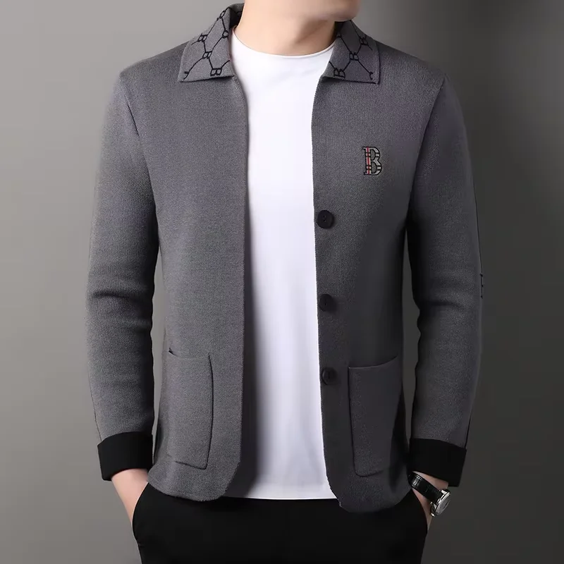 High end brand long sleeved men\'s lapel knitted cardigan autumn winter fashion B letter embroidery design casual  sweater  coat