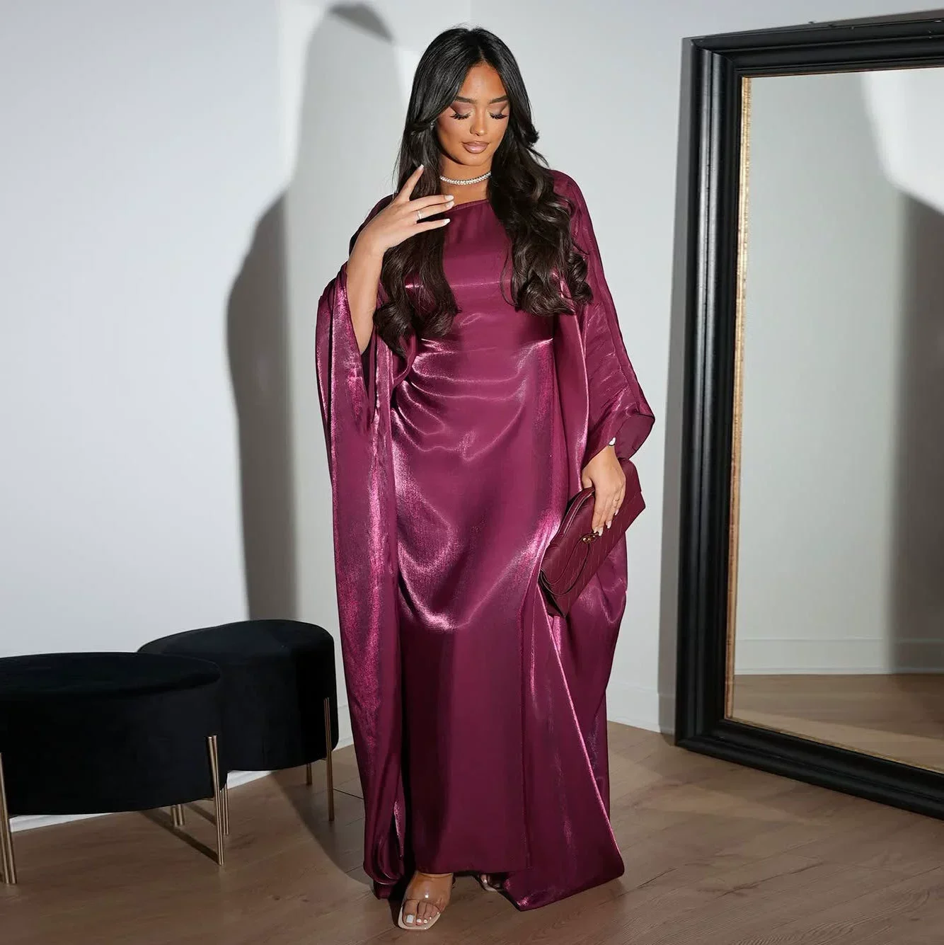 Ramadan Satin Abaya Islam Muslimischen Sommer Batwing Hülse Maxi Kleid Kebaya Abayas Für Frauen Kaftan Robe Musulmane Femme Vestidos