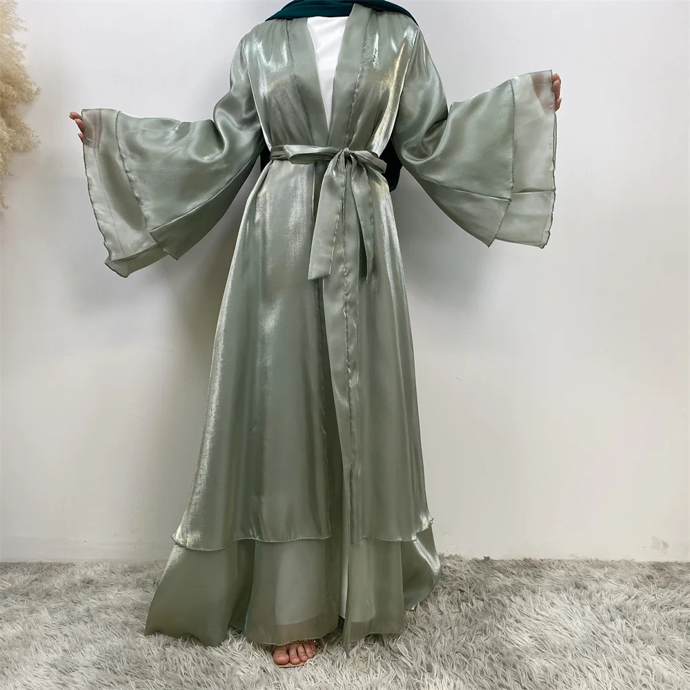 New Fashion Muslim Robe Shiny Satin Cardigan Islamic Abaya Women Middle East Robe Dress