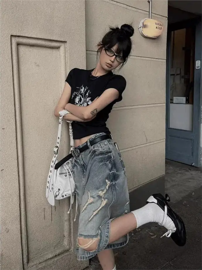 

Уличные широкие джинсы с широкими штанинами, женские летние новые свободные брюки в американском стиле, студенческие повседневные брюки с пятью точками