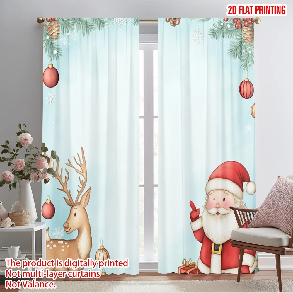 2pcs,2D plane printing Curtain Fabric Cute Santa Reindeer Christmas (3) Versatile 100% Polyester (without rod) Art Deco Festive