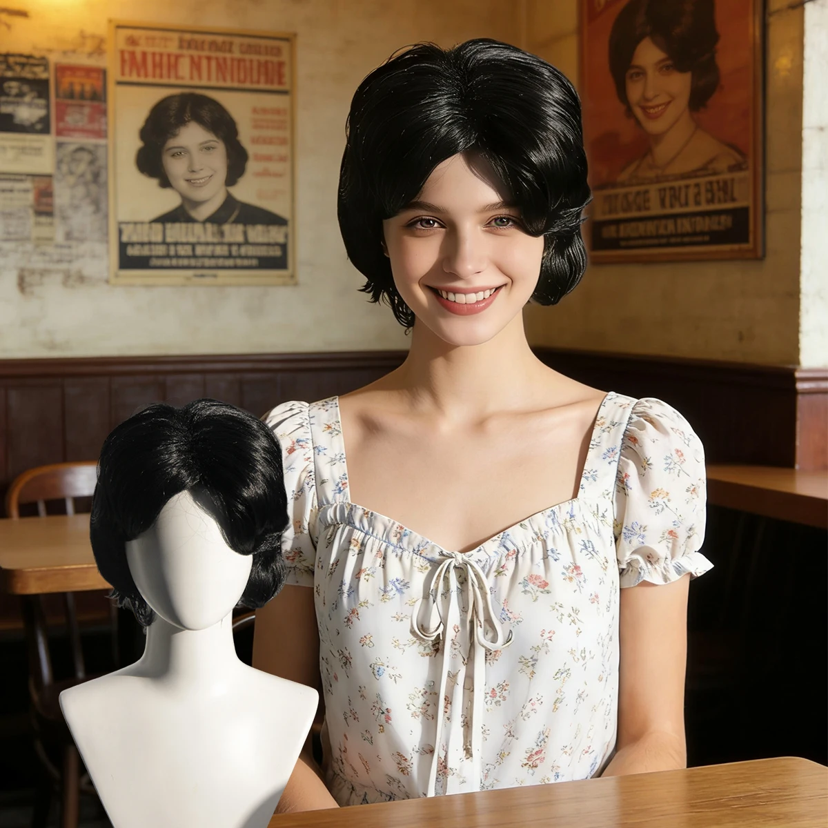 

Vintage Black Short Wavy Wig for Women, Natural Pre-styled Synthetic Hair for Daily Wear, Cosplay and Retro Party Looks