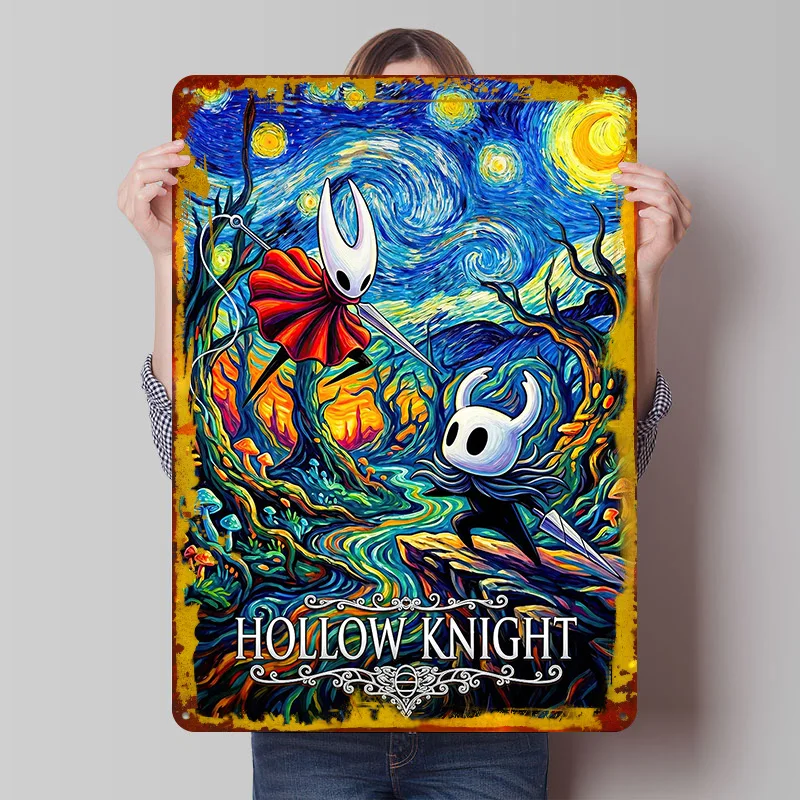 Hollow Knight Sternennacht Blechposter Individuelle Wandkunst Vintage Metallschilder Retro Blechplakette für Heimdekoration Männerhöhle