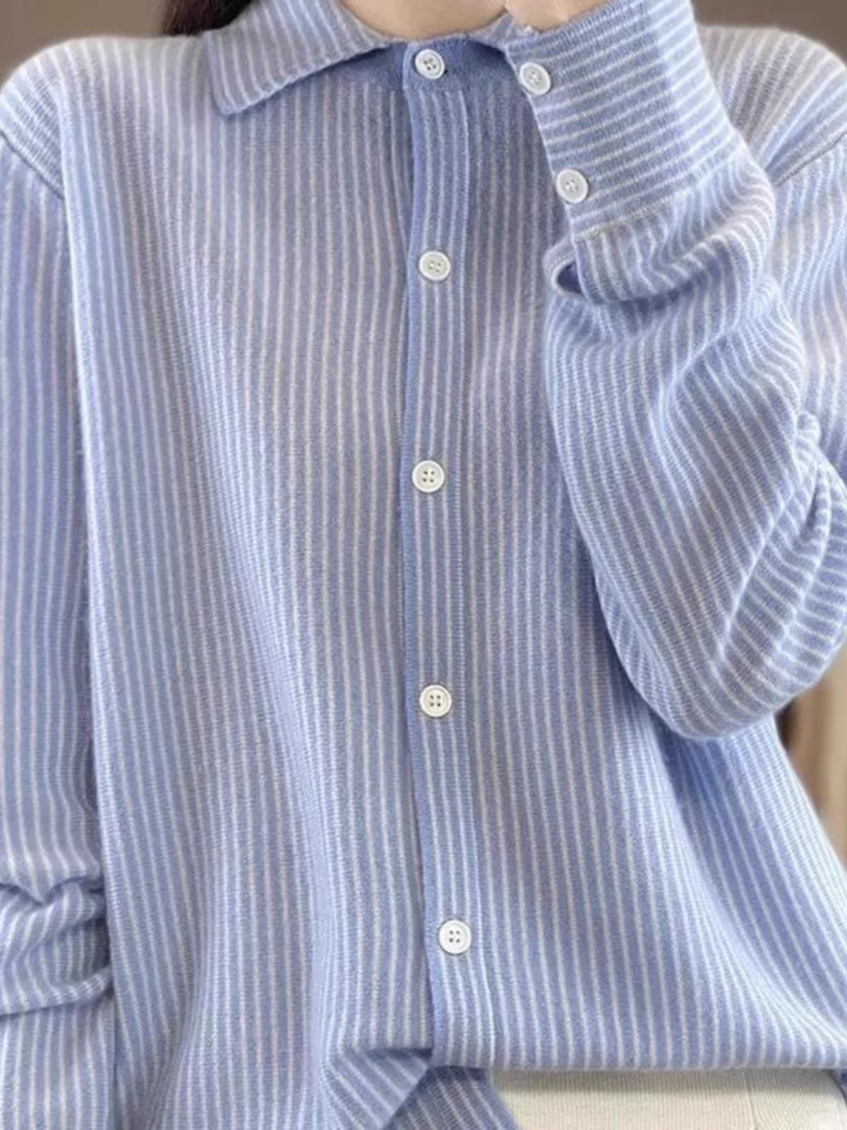 

Spring 2026 Women's Knitted Open Cardigan Collar Stripe Slimming Personality Sweater Jacket Layering Style Korean Version