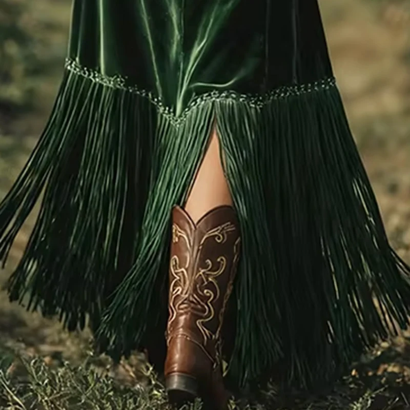 

Elegant Women Velvet Dress Fringe Hem Sexy V-Neck Long Sleeve High Waist Lantern Sleeves Autumn Winter Evening Party Maxi Dress