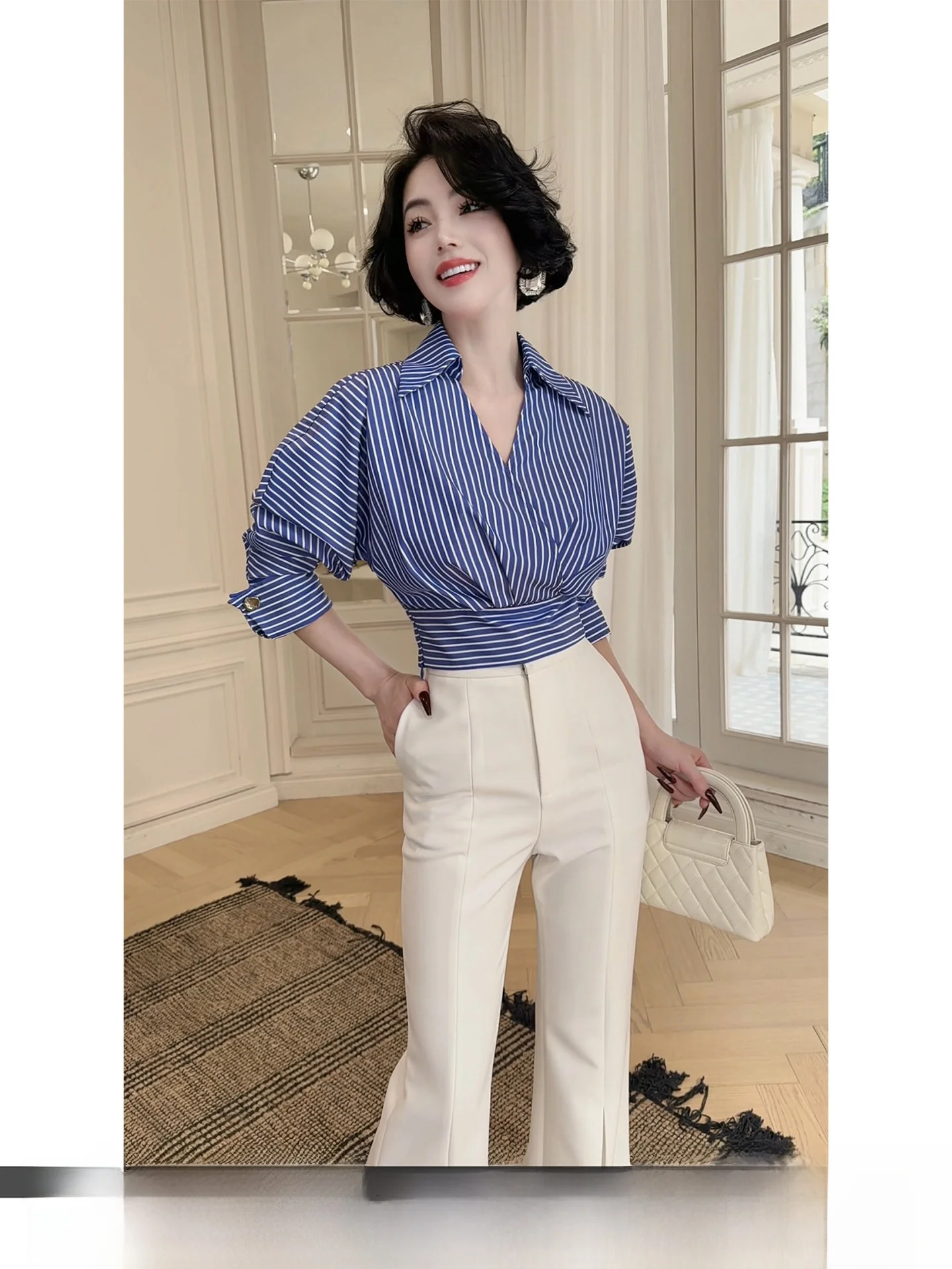 

Синяя полосатая женская блузка с V-образным вырезом, длинным рукавом, французским кроем, весна 2026, новинка, с эффектом утяжки на талии