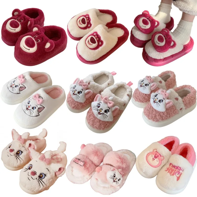 MINISO Kawaii Disney Marie Cat Lotso Autumn Winter Cotton Shoes Cartoon Plush Soft Slippers Anime Girl Thickened Home Shoes Gift