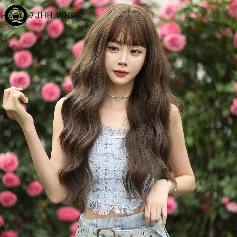 7JHH WIGS Costume Wig Synthetic Body Wavy Cool Brown Wig for Women Daily Use High Density Layered Hair Wigs with Fluffy Bangs