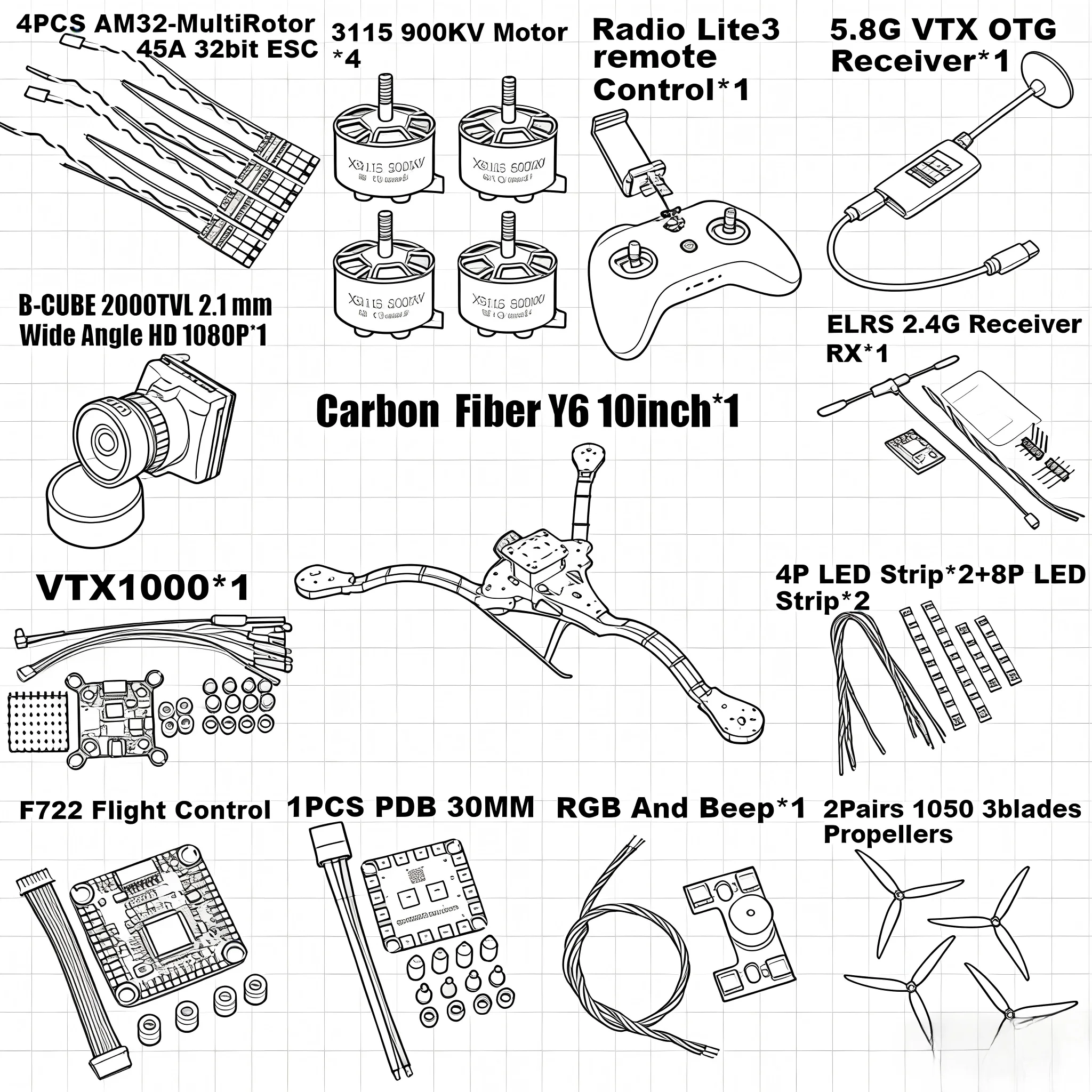 

Happy Y6 carbon fiber three-axis frame f450 crossing three-axis frame three-axis drone frame F722 INAV BF