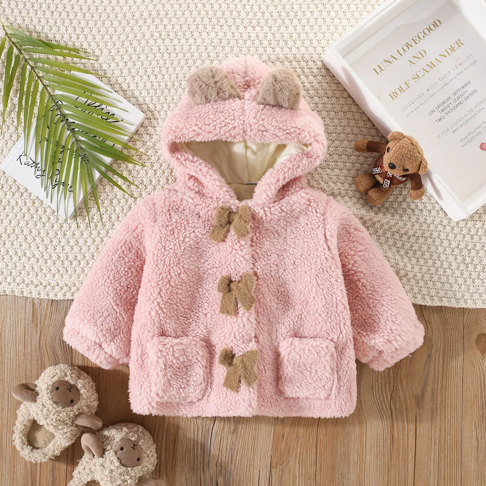 Winter Cute Baby Coat Children\'S Artificial Fur Wool Hooded Cartoon Clothing Children\'S Warm Solid Color Teddy Bear Sweater