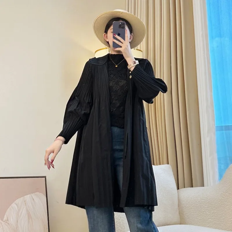 

Miyake Pleated Women's Fall/Winter Trench Coat New Fashion Long-Sleeve Collared Hooded Jacket Korean Mid-Length Windproof Jacket