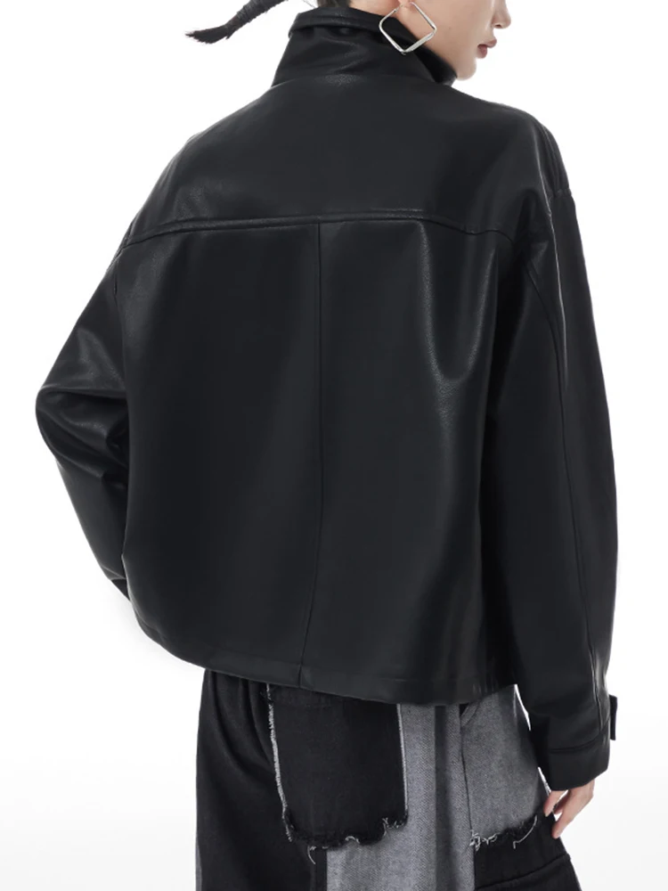 EAM-chaqueta holgada de cuero PU para mujer, abrigo de manga larga con cuello levantado, talla grande, color negro, a la moda, para primavera y otoño, 2024, 1DH2230