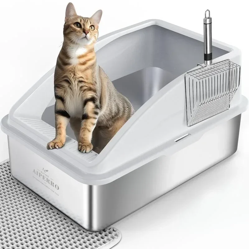 Enclosed Cat Litter Box Stainless Steel with Lid, XL Extra Large Litter Box for Big Cats, Include Cat Mat, Anti-Urine Leakage